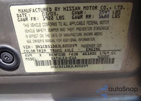 2003 Nissan Sentra Gxe from USA, damaged, VIN 3N1CB51D83L820259